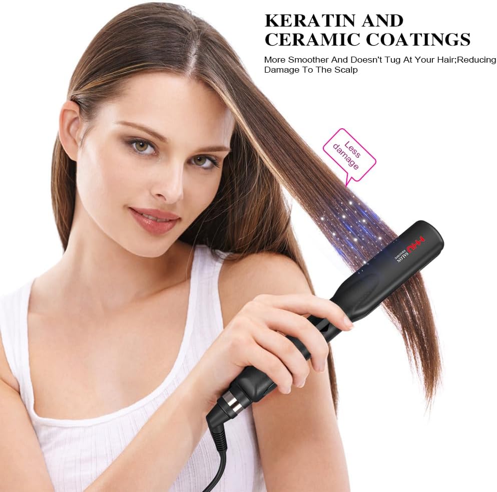 1.25 Inch Titanium Ceramic Flat Iron, Fast Heating Hair Straightener for Natural Thick Hair, Ionic Iron with LCD Temperature Control, Dual Voltage Wide Plate Straightening Tool, Auto Shut Off
