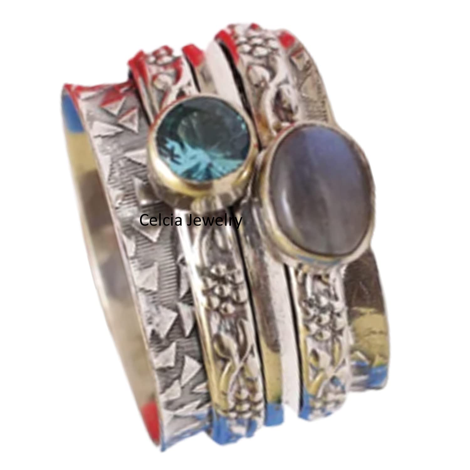Anello di filatura di topazio blu e labradorite doppia gemma, anello di filatore di design unico, anello per il pollice, anello di ansia da meditazione, anello metafisico di regali di novembre