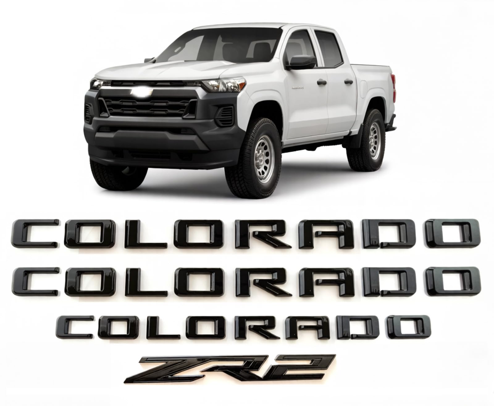 Set di 4 3 emblemi posteriori Colorado + 1 distintivo posteriore ZR2 lettera 3D decalcomania targhetta compatibile con Colorado 85660257 2023+ (nero lucido+ZR2)