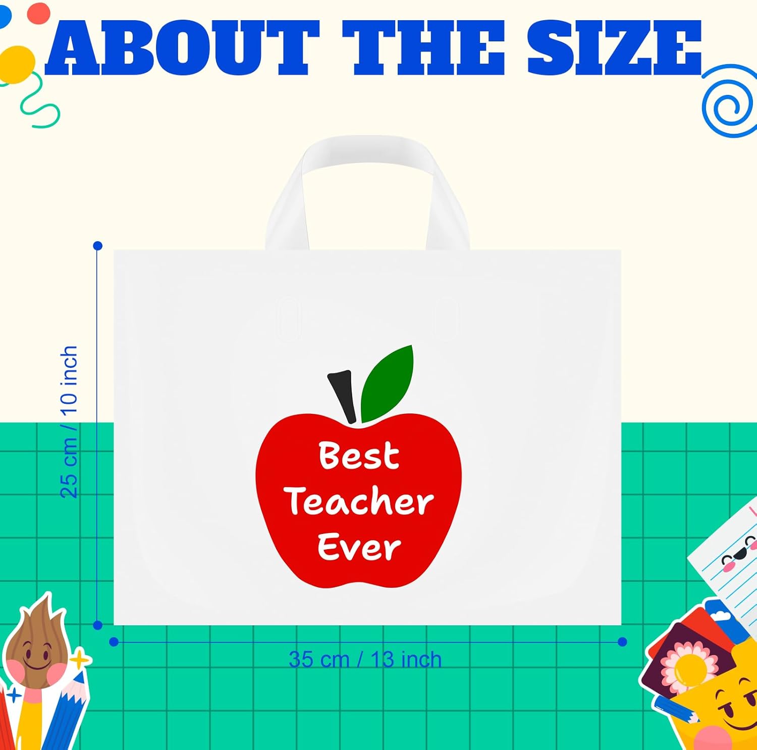 Kolldenn 48 Pcs Teachers Appreciation Gift Bags Bulk 10 x 13'' Large Plastic Thank You Teacher Apple Goodies Shopping Bags with Handle for Back to 100th Day of School Classroom Party - Image 3