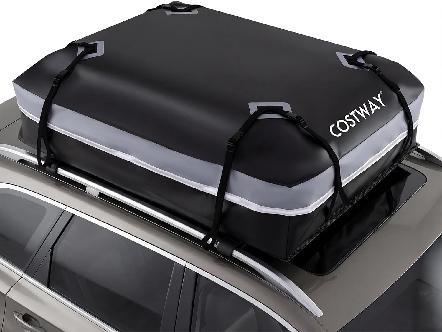 COSTWAY Dachbox Auto, 600 Liter Dachkoffer wasserdicht, Gepäckbox mit Anti-Rutsch-Matte, 6 Türhaken, Schloss & Tragetasche, tragbare Dachtasche XXL für Autos mit/ohne Gepäckträger (Grau)