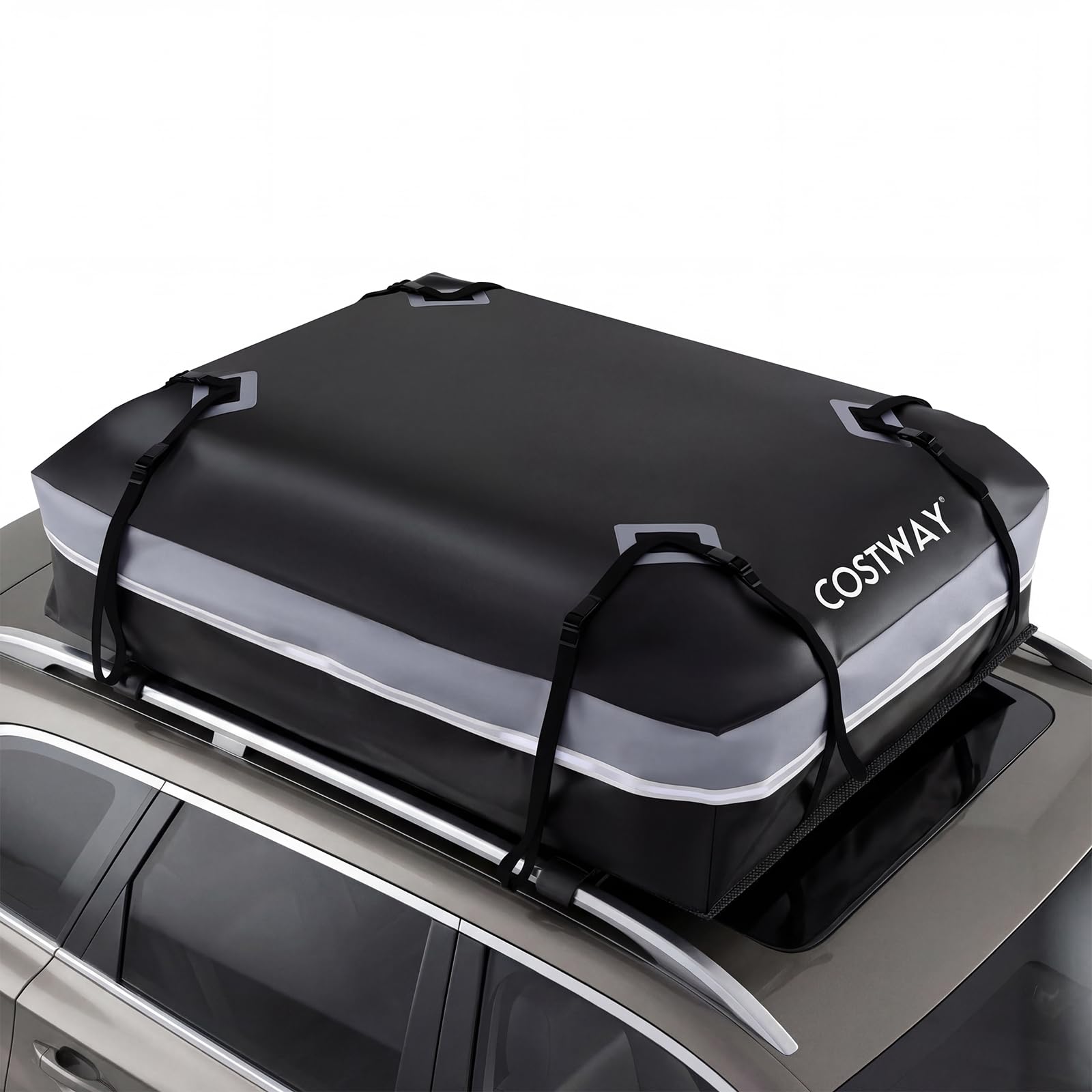 COSTWAY Dachbox Auto, 600 Liter Dachkoffer wasserdicht, Gepäckbox mit Anti-Rutsch-Matte, 6 Türhaken, Schloss & Tragetasche, tragbare Dachtasche XXL für Autos mit/ohne Gepäckträger (Grau)