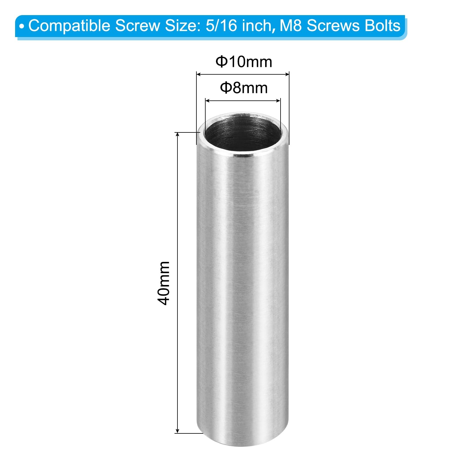 PATIKIL M8 Stainless Steel Spacers, 12Pcs Metal Spacer 8mm ID x 10mm OD x 40mm L Screw Standoff for 5/16" or M8 Screw - Image 2