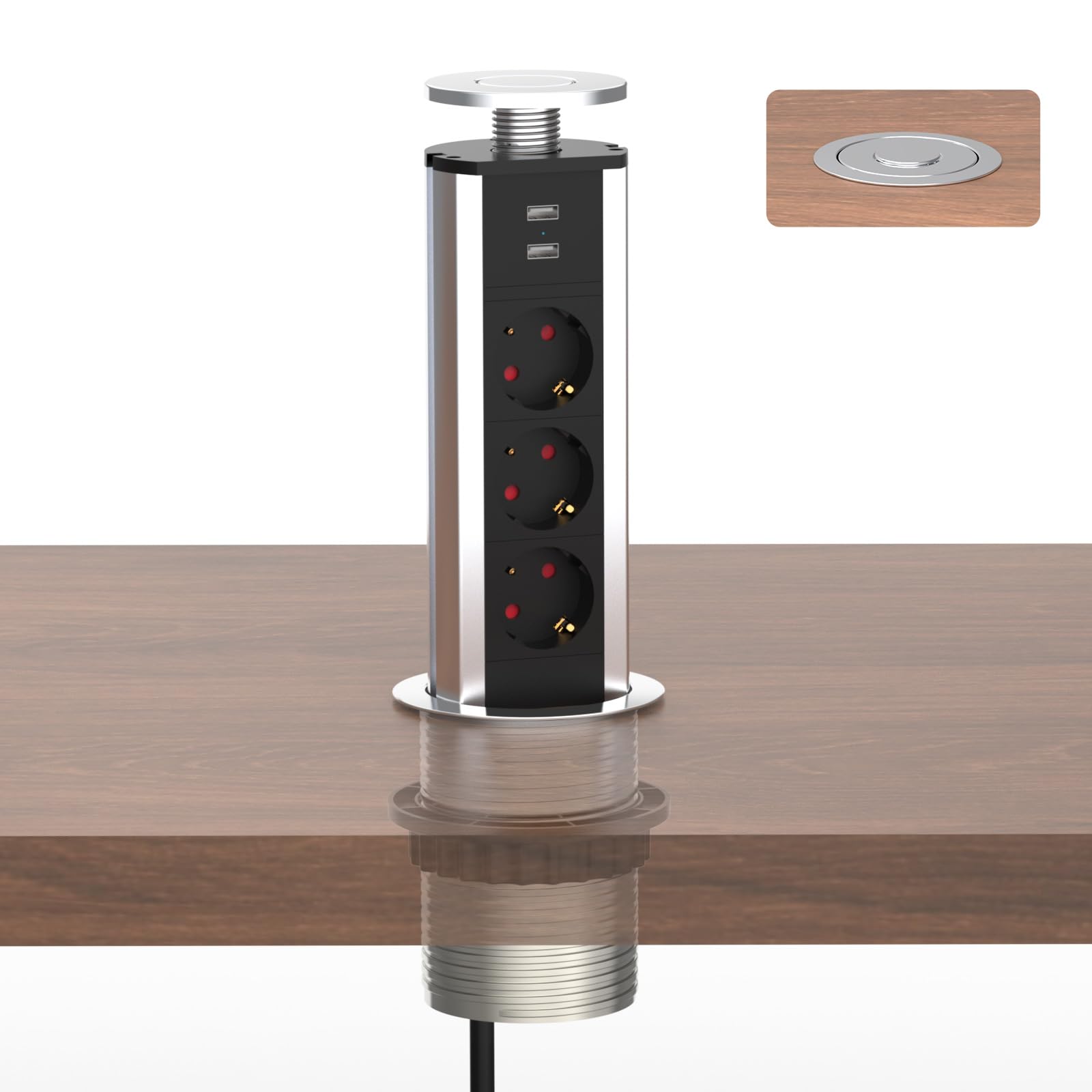 Presa a scomparsa piano di lavoro con 3 prese e 2 USB-A | Diametro 80 mm, cavo 1,8 m, multipresa da incasso per cucina, ufficio, camera da letto, soggiorno