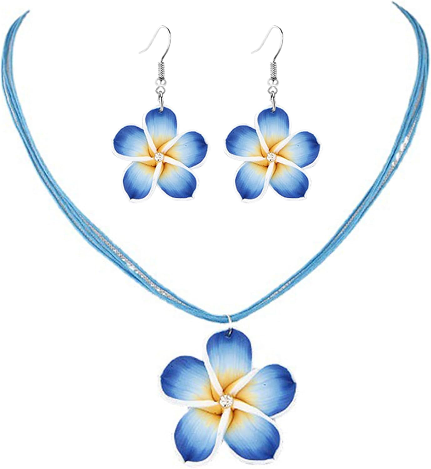 Dreuyet Colorful Plumeria Rubra Necklace Earrings Set for Women Elegant Hawaiian Style Flower Necklaces Bohemia Tropical Flower Dangle Earrings Luau Beach Party Accessories