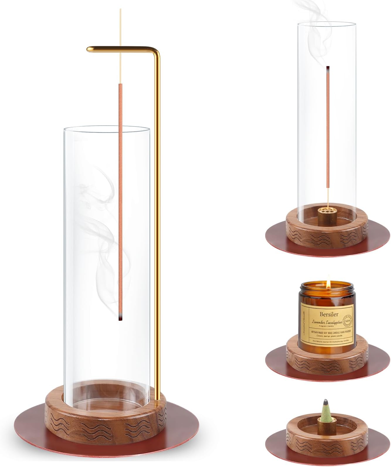 4 in1 Incense Holder for sticks, Wood incense cone holder with transparent lid Catch all Ash, Handmade Incense Stick Holder with Cone Coil for Home Office Decor, Yoga, Meditation