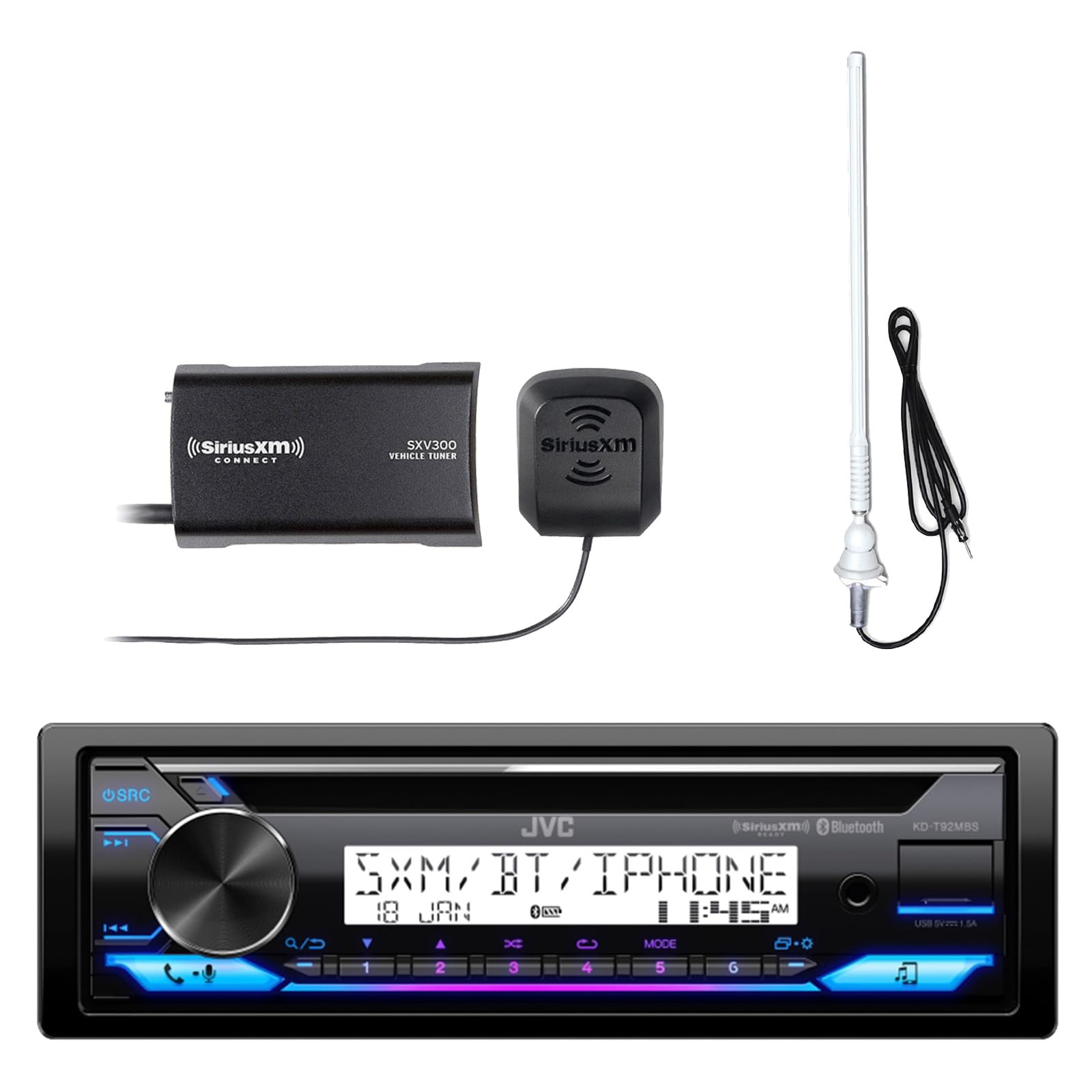 Kenwood in-Dash Single DIN Bluetooth Marine USB/AUX CD Player Receiver with Wired Remote Control, Satellite Radio Tuner Kit, Long Range White Antenna