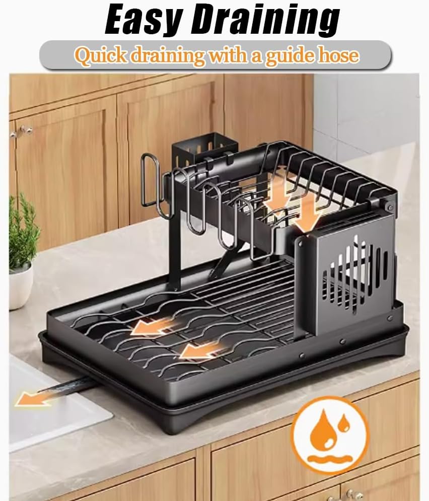 Stainless Steel Multifunctional Dish Draining Rack, Double Kitchen Cutlery Shelf, Foldable Cutlery Draining Rack, Easy to Fold, Zoned Storage, Draining Convenient Kitchen Cutlery Holder