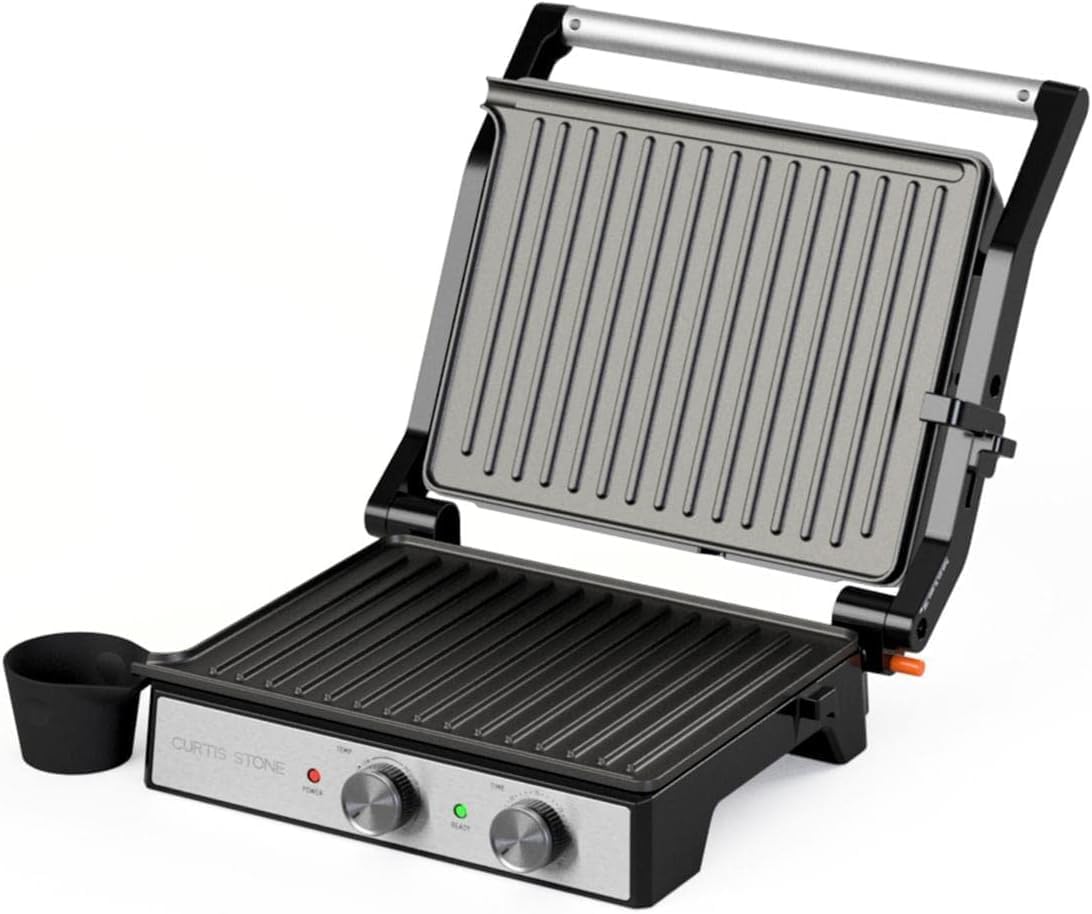 Curtis Stone Dura-Pan Contact Indoor Panini Sandwich Grill, open view with drip tray