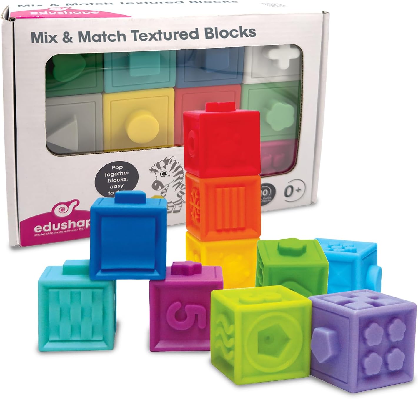 Edushape Textured Pop Blocks. Soft Baby Building Blocks Toys Teethers Toy Educational Squeeze Stacking Play with Numbers Animals Shapes. 6 Months +