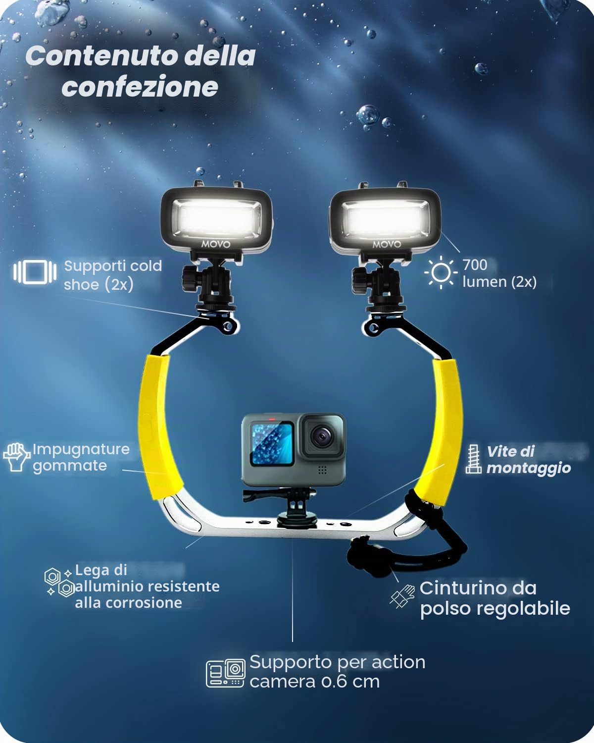 Movo DiveRig1 XL Diving Rig Bundle con luci LED impermeabili - Compatibile con GoPro Hero, HERO5, HERO6, HERO7, HERO8, HERO9, HERO10 e DJI Osmo Action Cam