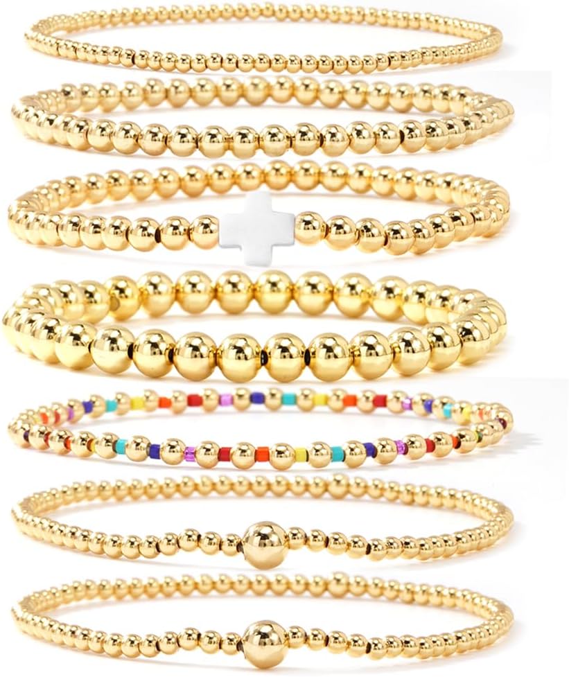14K Gold Beaded Cross Beaded Bracelet Stack Set for Women,7PCS Bohemian Colorful Beads Ball Stretch Stackable Bracelets Trendy Holiday Birthday Gift