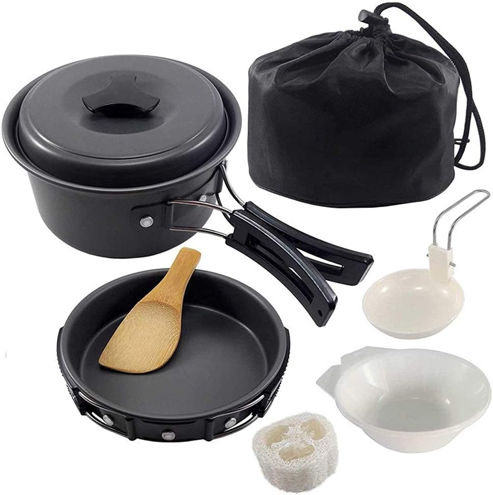 Camping Cookware Set 2 Person Camping Gear Campfire Utensils Non-Stick Cooking Lightweight Stackable Pot Pan Bowls Storage Bag (A) (B)