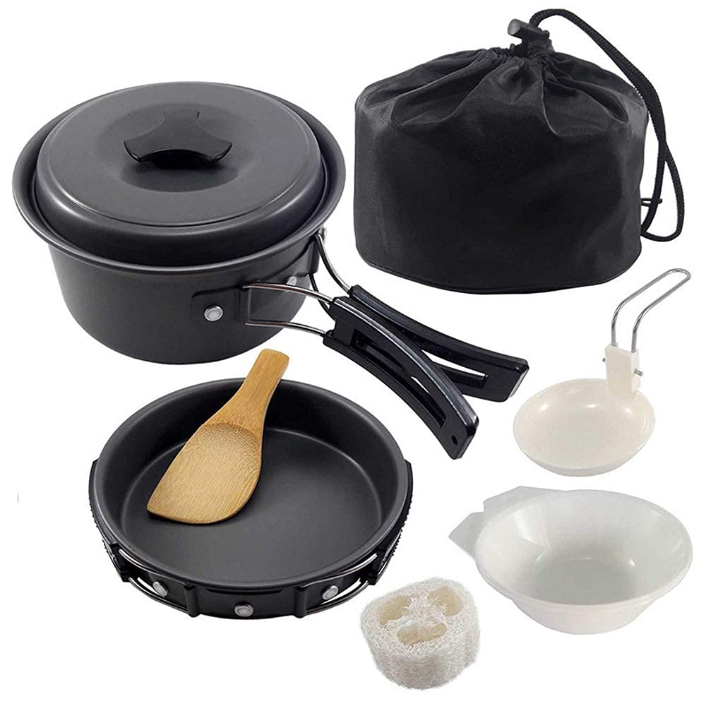 PURRL Camping-Kochgeschirr-Set 2-Personen-Campingausrüstung, Lagerfeuer-Utensilien, Antihaft-Kochen, leicht, stapelbar, Topf, Pfanne, Schalen, Aufbewahrungstasche (Color : A) Little Surprise