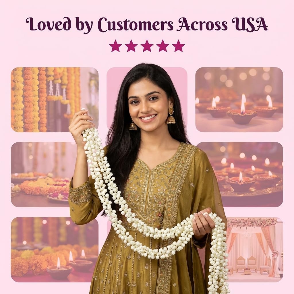 LOVENSPIRE Artificial Jasmine Buds Rose Garland for Festivals Pooja Indian Muslim Wedding Housewarming Diwali Decorations Eid Decoration Mehndi Party Day (Off White, 4Strings / 3Feet)