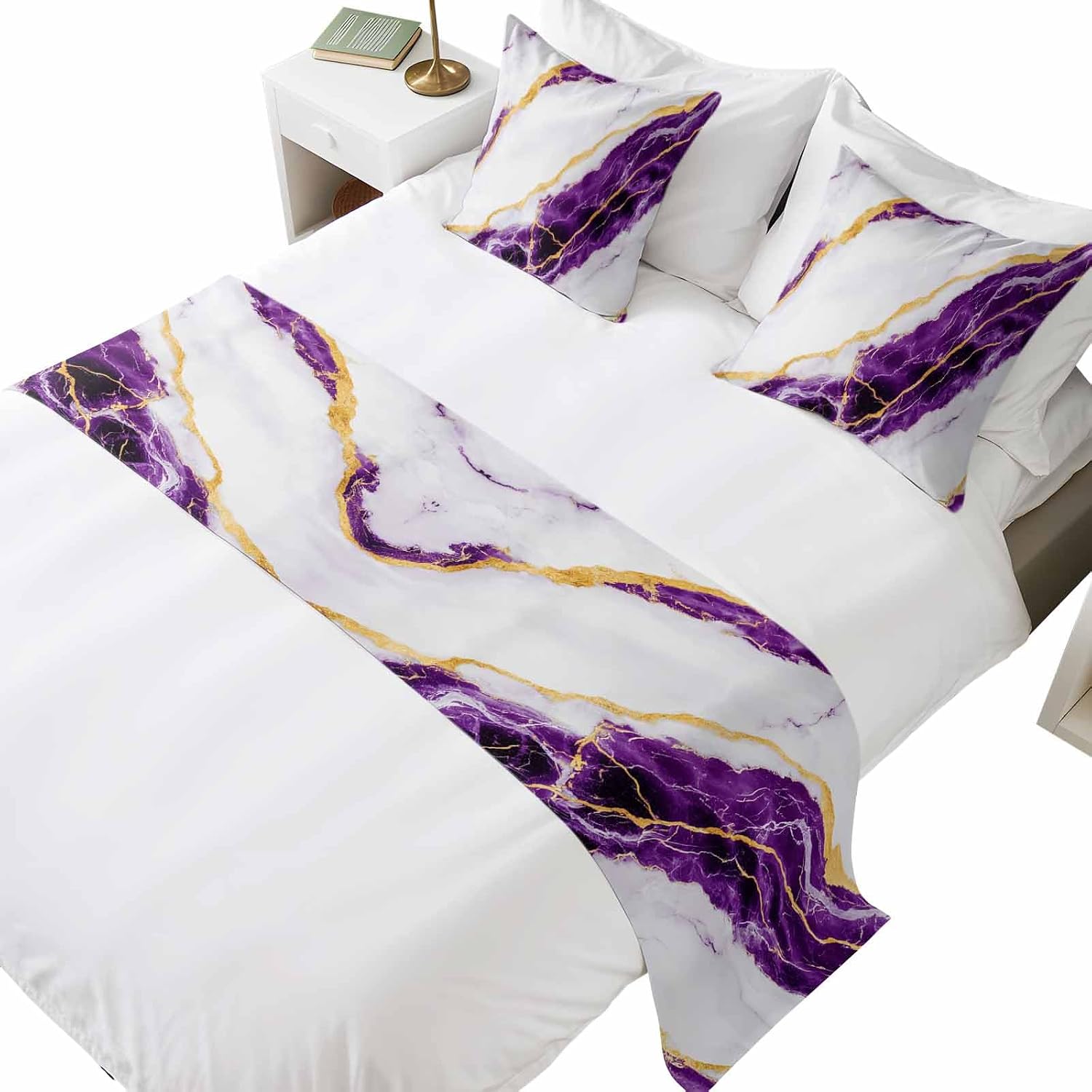 Chic D Bed Runners for Queen Size Beds Purple Marble Bed Scarf with 2 Matching Decorative Throw Pillow Covers Gold Abstract Art Bedding Runner Scarves Pillowcases Set for Bedroom Hotel 83"x20"