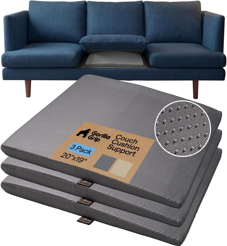 GORILLA GRIP Ergonomic High Density Couch Cushion Support Foam, Quick Rebound Sofa Lifters for Sagging Cushions, Stays In Place, Replacement Stuffing Under Couches, 20 x 19 x 1.75 Inches, 3 Pack, Gray