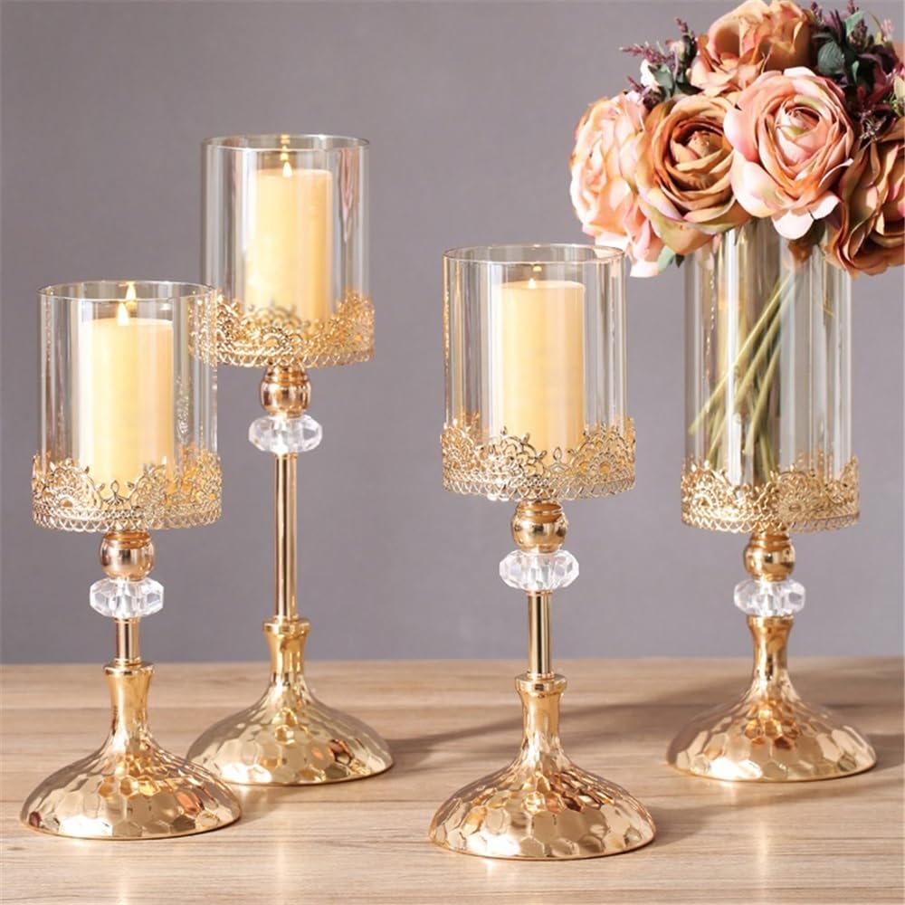 Portavelas Decoración de Mesa Comedor con candelabro Cristal y Metal Dorado Decoración(Pequeño)