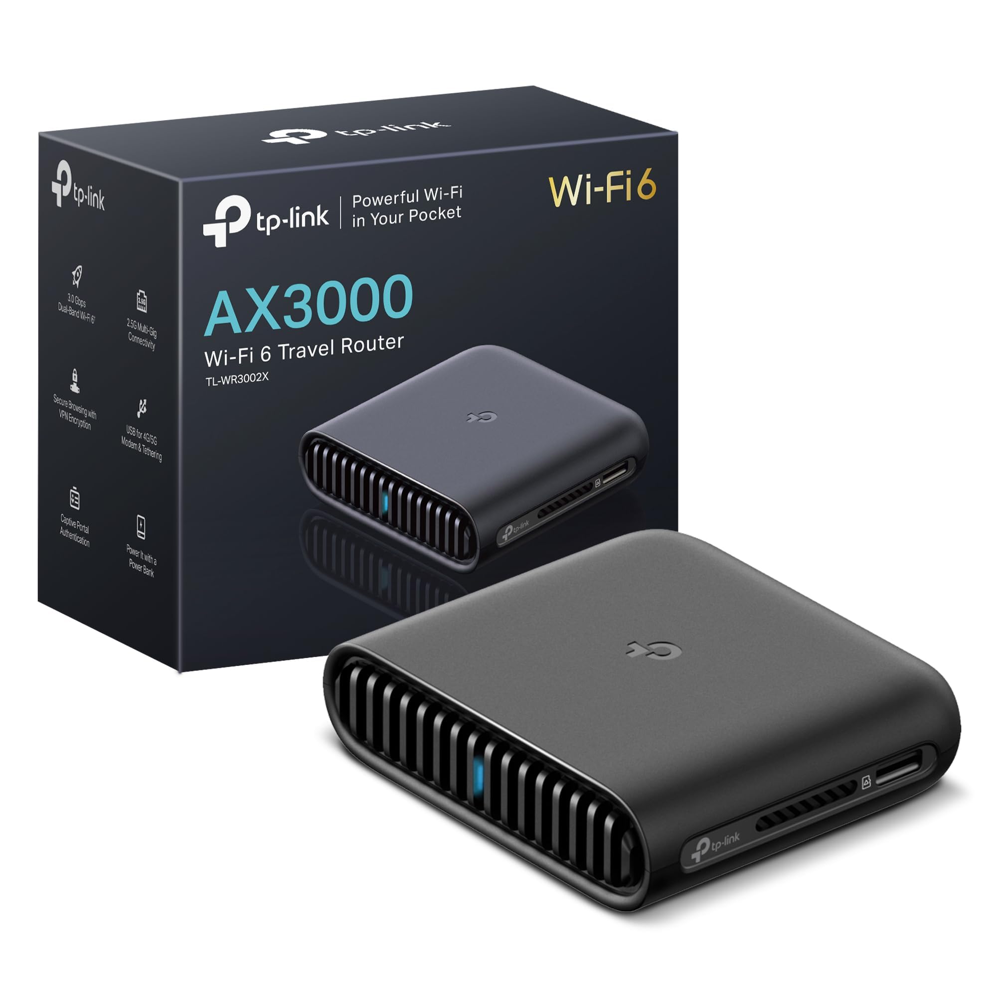 TP-Link TL-WR3002X AX3000 WiFi 6 Travel Router, Dual Band Portable VPN Router with VPN Client & Server, 2.5G Multi-Gig WAN Portable WiFi, USB 3.0, Ideal for Hotel, Business Travel and Remote Work