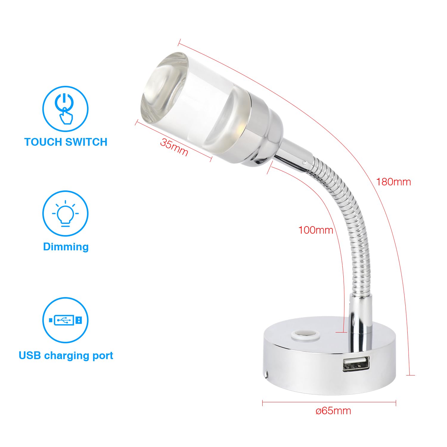 lighteu 12V/24V 2W Lampada da lettura a LED da parete a collo di cigno F3 Faretto con interruttore a pressione e porta USB Finitura cromata per barca, yacht, roulotte