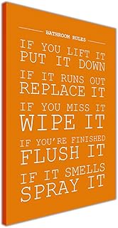 Orange Bathroom Rules Canvas Print Quote Wall Art Picture Toilet Artwork 38mm Thick Frame SIZE: A4-12" X 8" (30cm X 20cm)