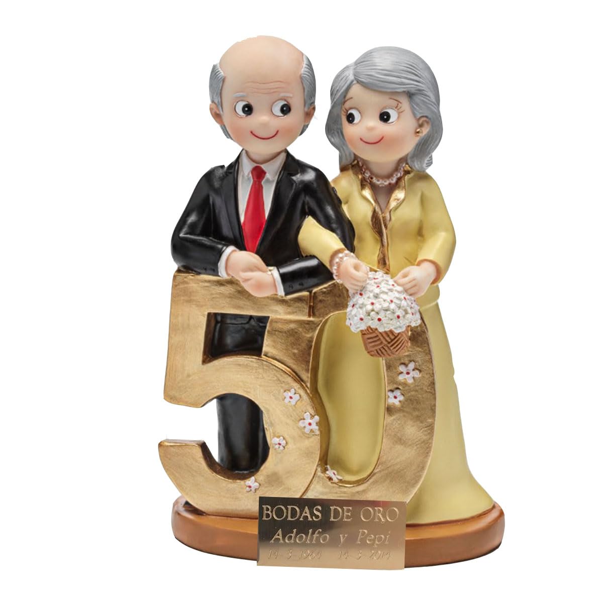 Figura 50 aniversario PERSONALIZADA con placa grabada con nombre y fecha. Figura decorativa bodas de oro, figura para tarta.