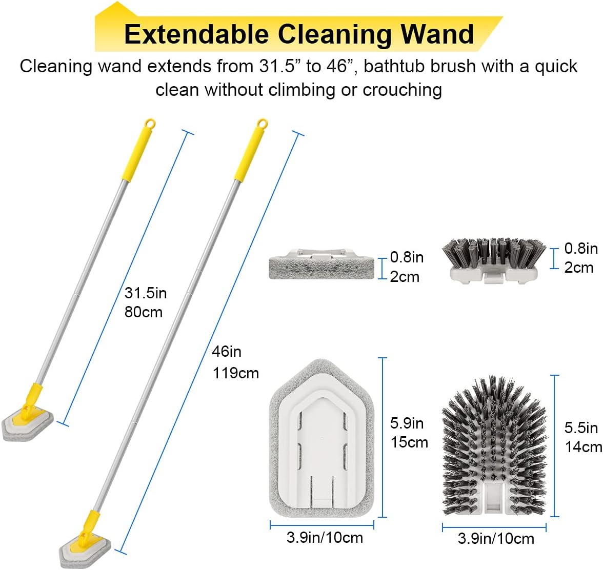 2 in 1 Cleaning Brush Tub and Tile Scrubber Brush Sponge with 46'' Extendable Long Lightweight Handle Detachable Stiff Bristles Scrub Brush for Cleaning Bathtub Shower Bathroom : Health & Household