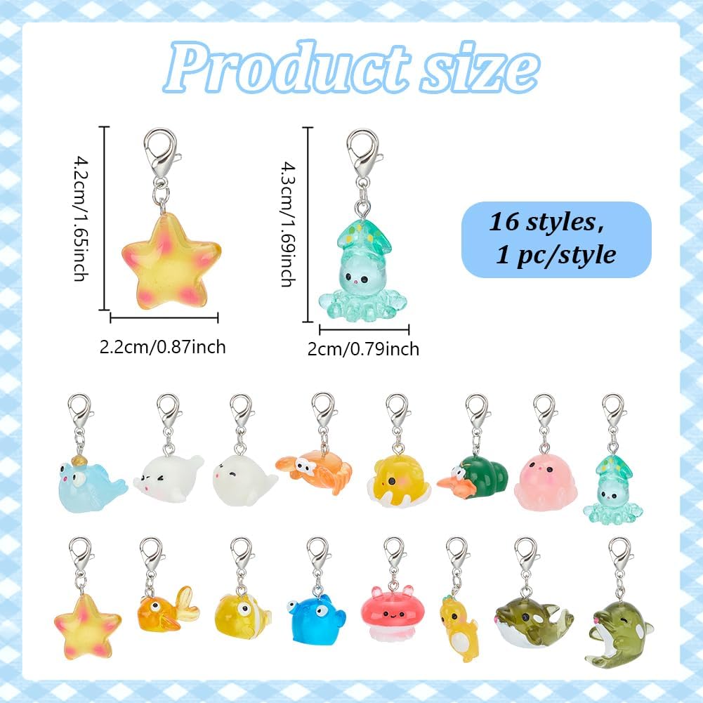 WEBEEDY 16 Styles Ocean Pals Badge Reel Charm Set Cute Animals Pendant Summer Badge Holder Charms with Lobster Clasp Clip-on Charm for Nurses Workers Teachers Lanyard Supplies Accessories image 2