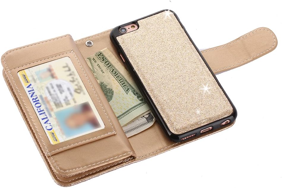 TabPow iPhone 6S Case, iPhone 6 Case, 10 Card Slot - [ID Slot] Wallet Folio PU Leather Case Cover with Detachable Magnetic Hard Case for iPhone 6S/6 (4.7 Inch) - Glitter Gold
