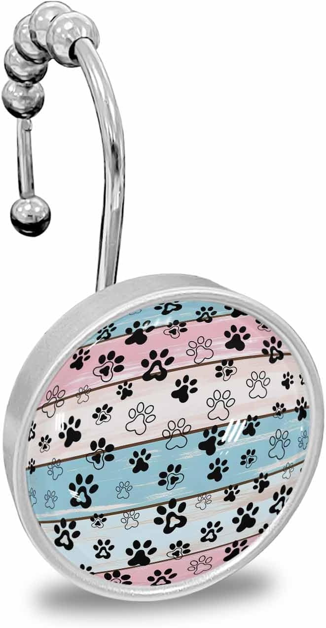 Blue Pink Dog Paws Prints Shower Curtain Hooks, Decorative Shower Curtain Rings, Farmhouse Beige Wood Stainless Steel Showerhooks for Curtain & Liner Bathroom Decor Accessories 12Pcs