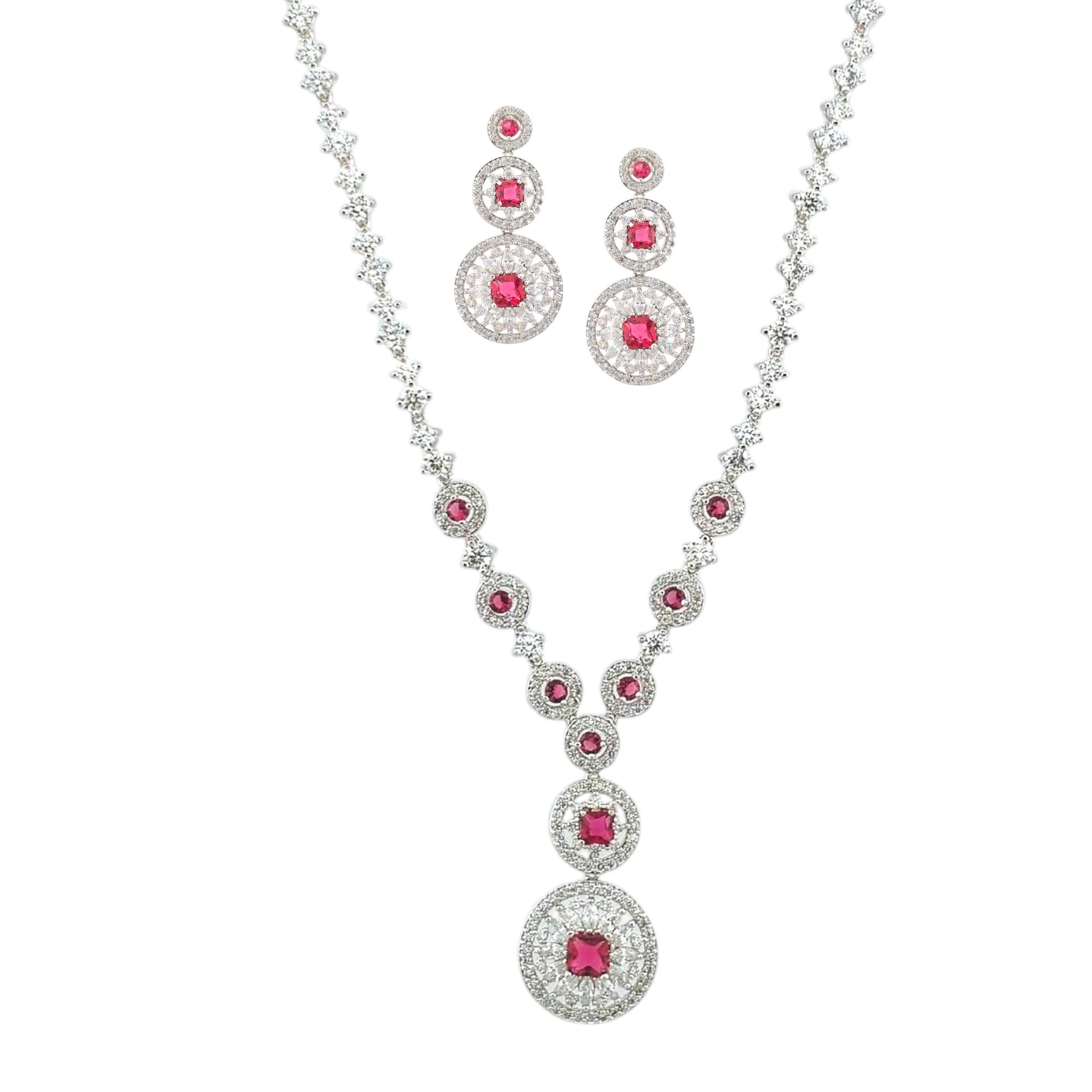 Treasure Bay Elegante juego de joyas de cristal de circonita cúbica para mujer, collar y pendientes chapados en rodio, diseño de gota de círculo, para novia, noche, baile, regalo