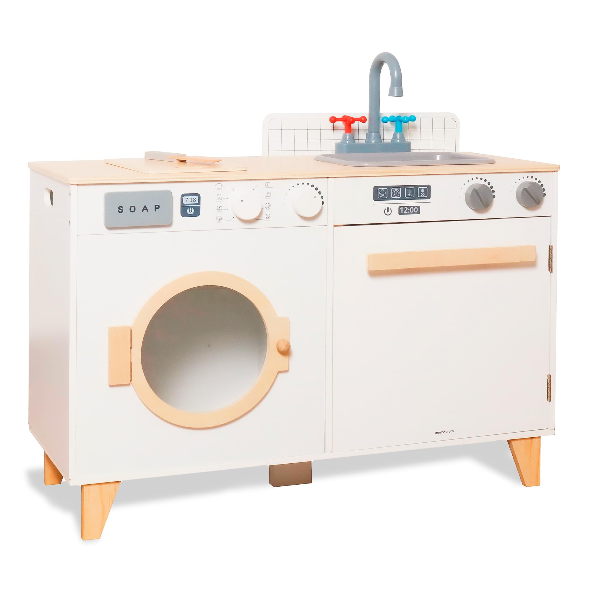 Mamabrum Holz Kinderküche & Waschmaschine – 2 in 1 Set mit Spüle, Waschmaschine und Zubehör für kreatives Rollenspiel
