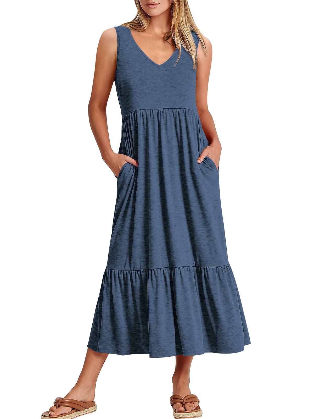 ANRABESSWomen's Summer Casual Sleeveless V Neck Swing Dress Casual Flowy Tiered Maxi Beach Dress with Pockets
