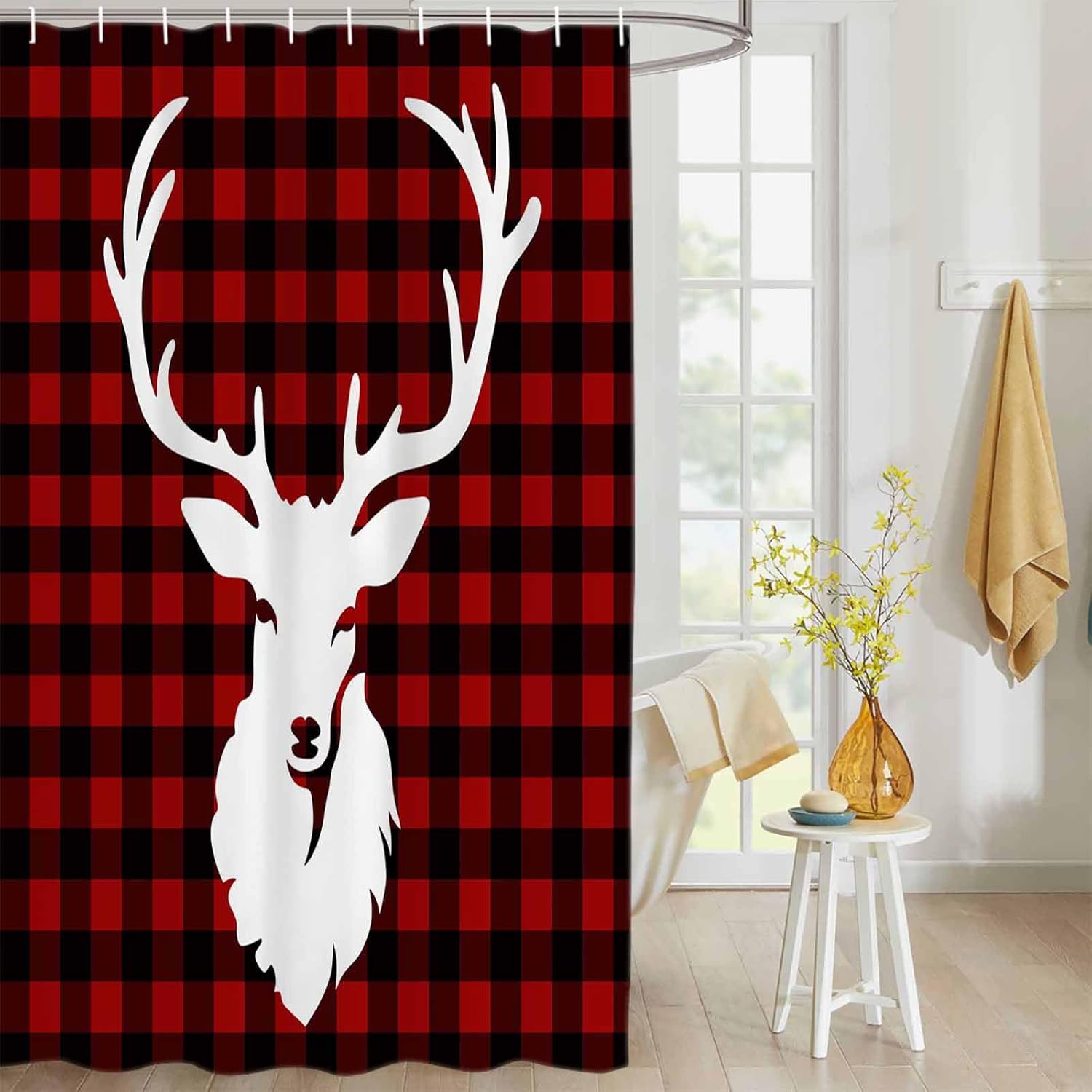 Shower Curtain Christams Deer Red Black Buffalo Plaid Pattern Waterproof Polyester Fabric Bath Curtains with Hooks Bathroom Decor- 36x72in