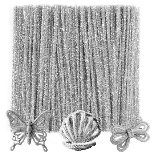 Caydo 200 Pieces Glitter Silver Pipe Cleaners, Thick Fluffy Chenille Stems, Pipe Cleaner Crafts for Arts & Crafts, Perfect for Making Animals, Flowers, and Festive Decorations