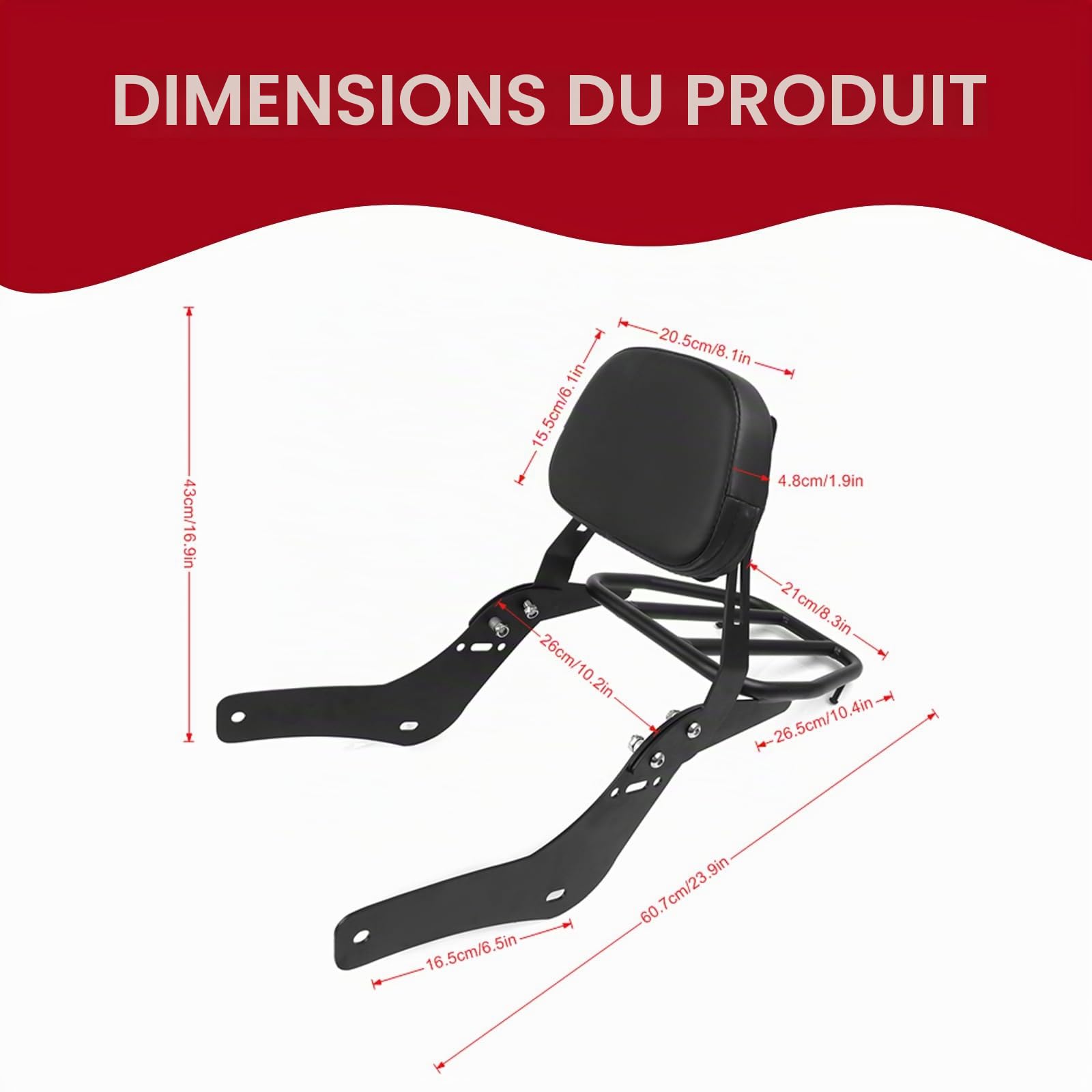 Worldmotop Sissy Bar Dossier de rechange pour siège passager arrière de moto pour Honda CMX 500 Rebel CMX 300 CMX500 2017-2023 - Coussin de dossier amovible (A)