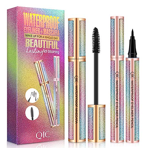 4D Silk Fiber Lash Mascara & Eyeliner Waterproof Eye Makeup - Lengthening Thickening Eyelashes, Voluminous Extension Cream, Long Lasting Smudge-proof Liquid Eye Liner, Natural Non-Toxic Hypoallergenic