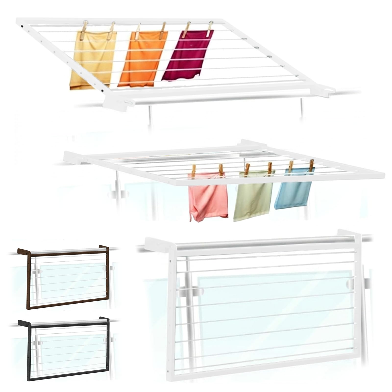 Flo.mar Stendino da Balcone e Parete 150x70 cm - Kit Montaggio Incluso - Stendibiancheria da Esterno Ribaltabile e Salvaspazio in Alluminio - 8 Cavi in Nylon - Stendipanni a Scomparsa (Flip)