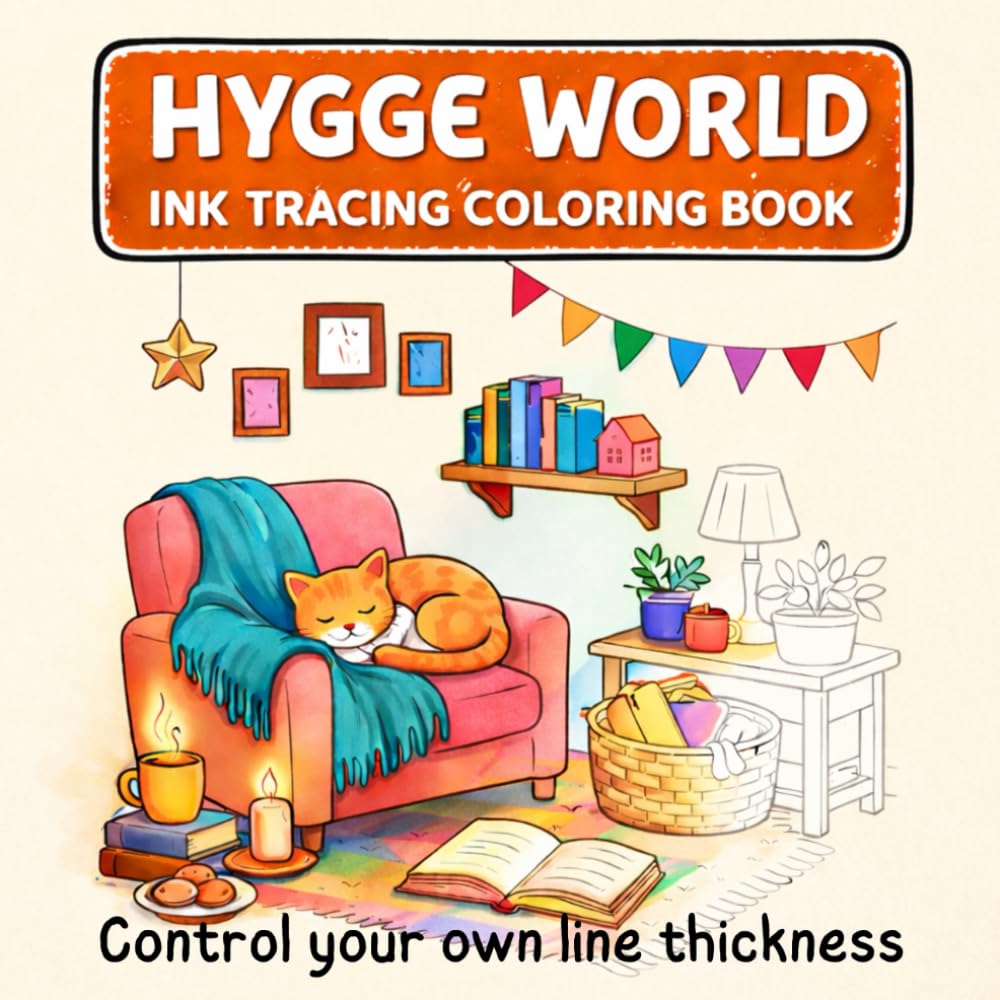 Hygge World Ink Tracing Coloring Book: 40 Cozy Animal Coloring Pages in Thin Light Gray Outlines for Stress Relief