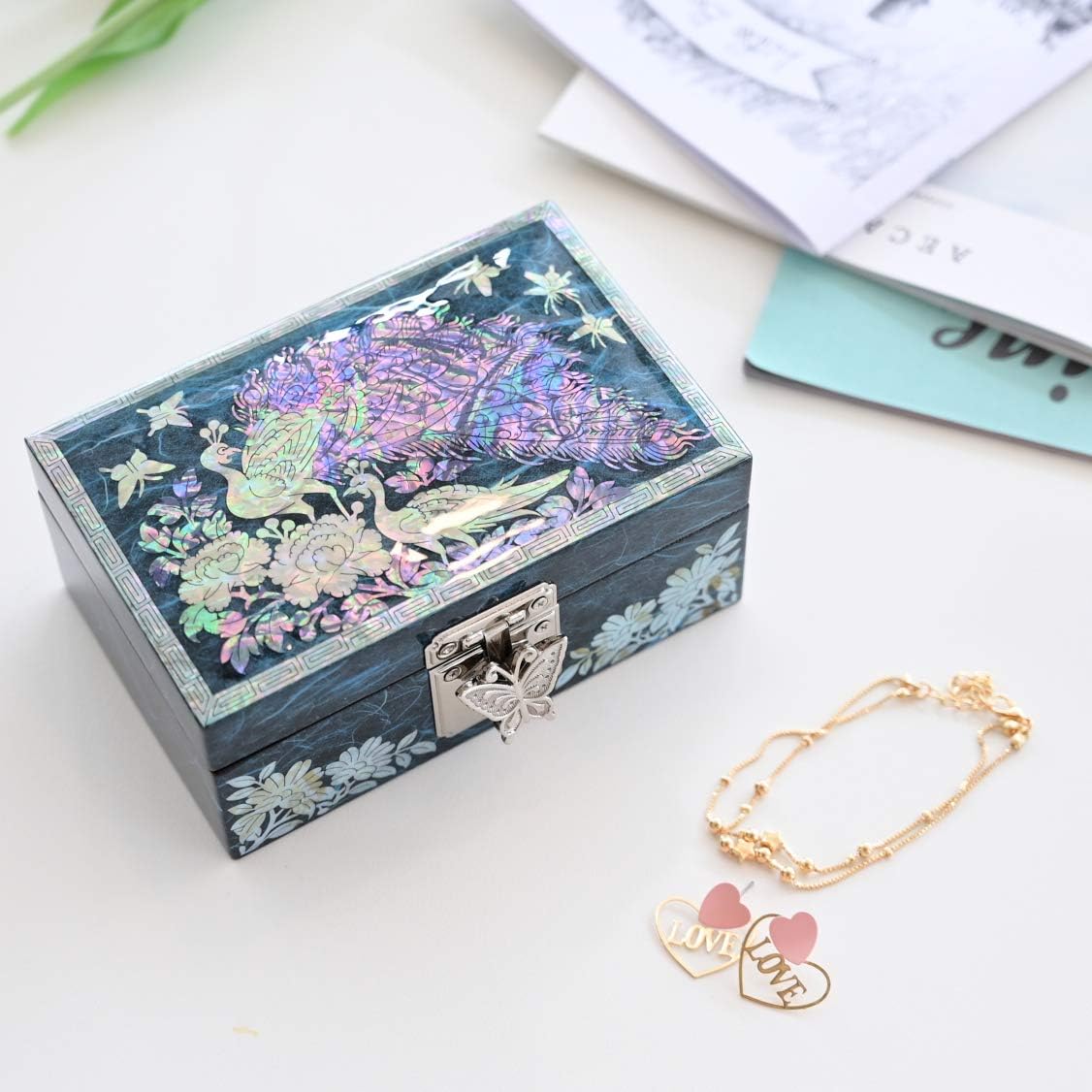 MADDesign Mother of Pearl Ring Earring Jewelry Box Peacock Design