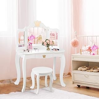 INFANS 2-in-1 Kids Vanity Table & Stool Set, Toddler Wooden Dressing Table with Tri-Fold Mirror & Drawer, Detachable Large Top, Princess Pretend Play Makeup Dresser for Little Girls