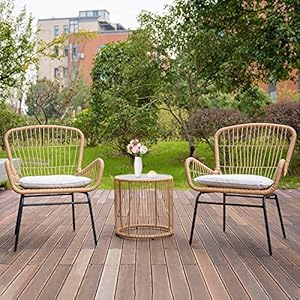 LifeSky Wicker Table Chairs Set – 3 Piece Outdoor Chairs Set – Patio Table Sets with Glass Top Table for Courtyard Garden Brown