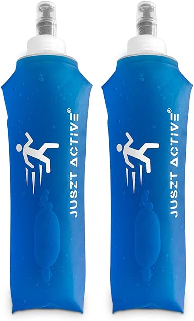 Juszt Active Soft Collapsible Water Bottle - Foldable Water Bottle with Bite Valve 250 ml Gel Flask for Cycling Hiking Running Water Bottle BPA Free Reusable Water Flask for Travel Camping (Blue 2)