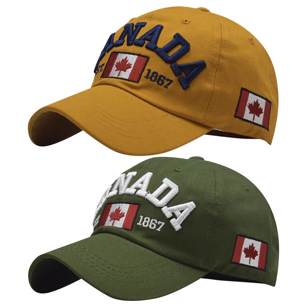 BAOZOON 2 Pcs Baseball Caps - Embroidered Maple Leaf, Adjustable Canada Flag Golf Hat for Men Women