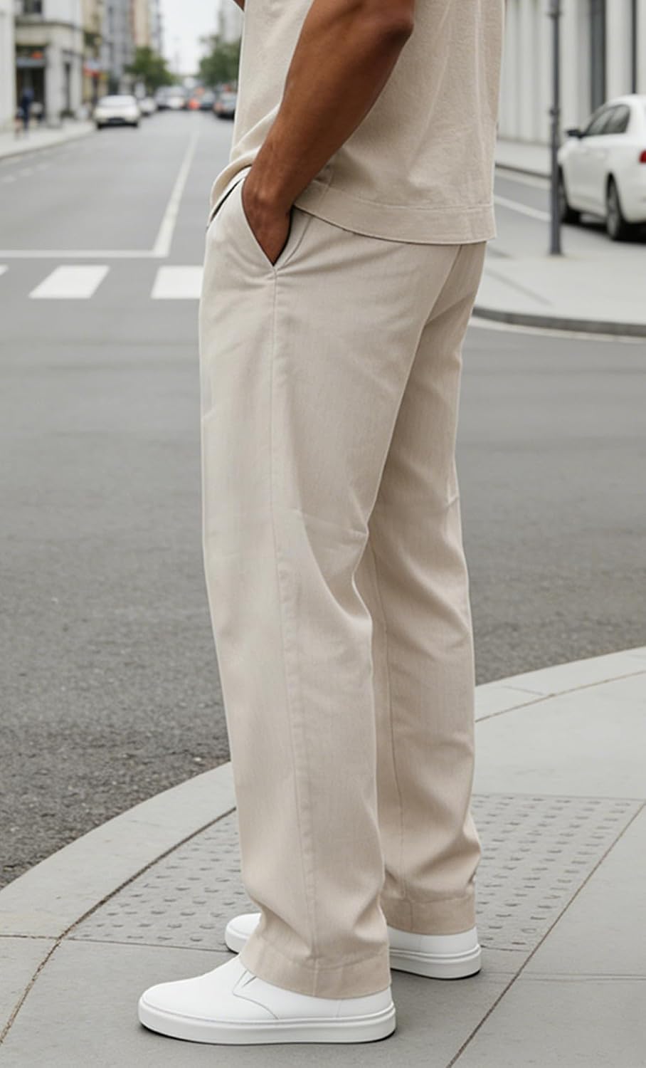 Mens Linen Cotton Pants Pleated Front Relaxed Fit Casual Beach Trousers with 4 Pocket