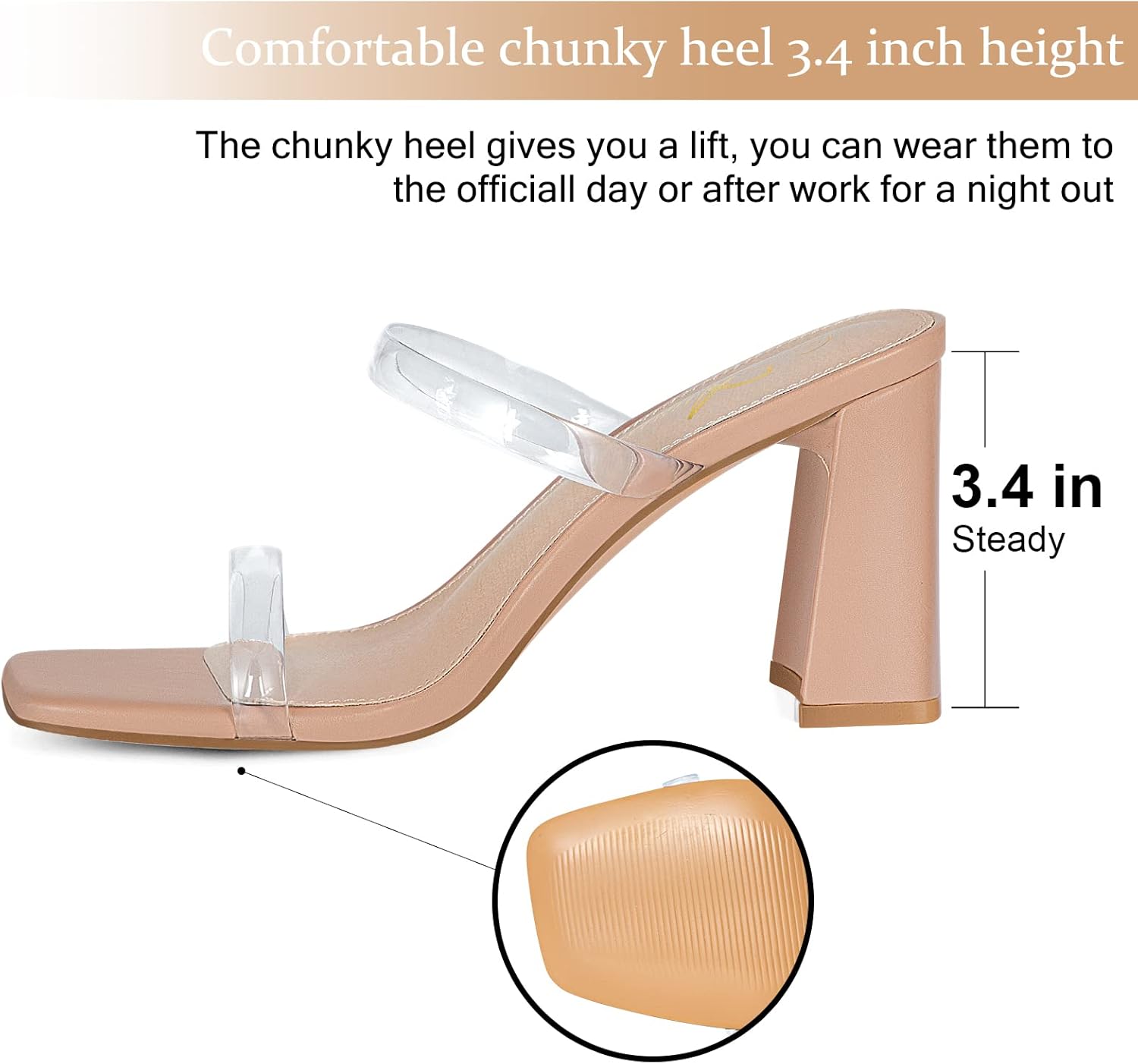 Athlefit Women's Square Open Toe Two Strap Heeled Sandals Slip On Block Chunky Heels Sandals - Image 3