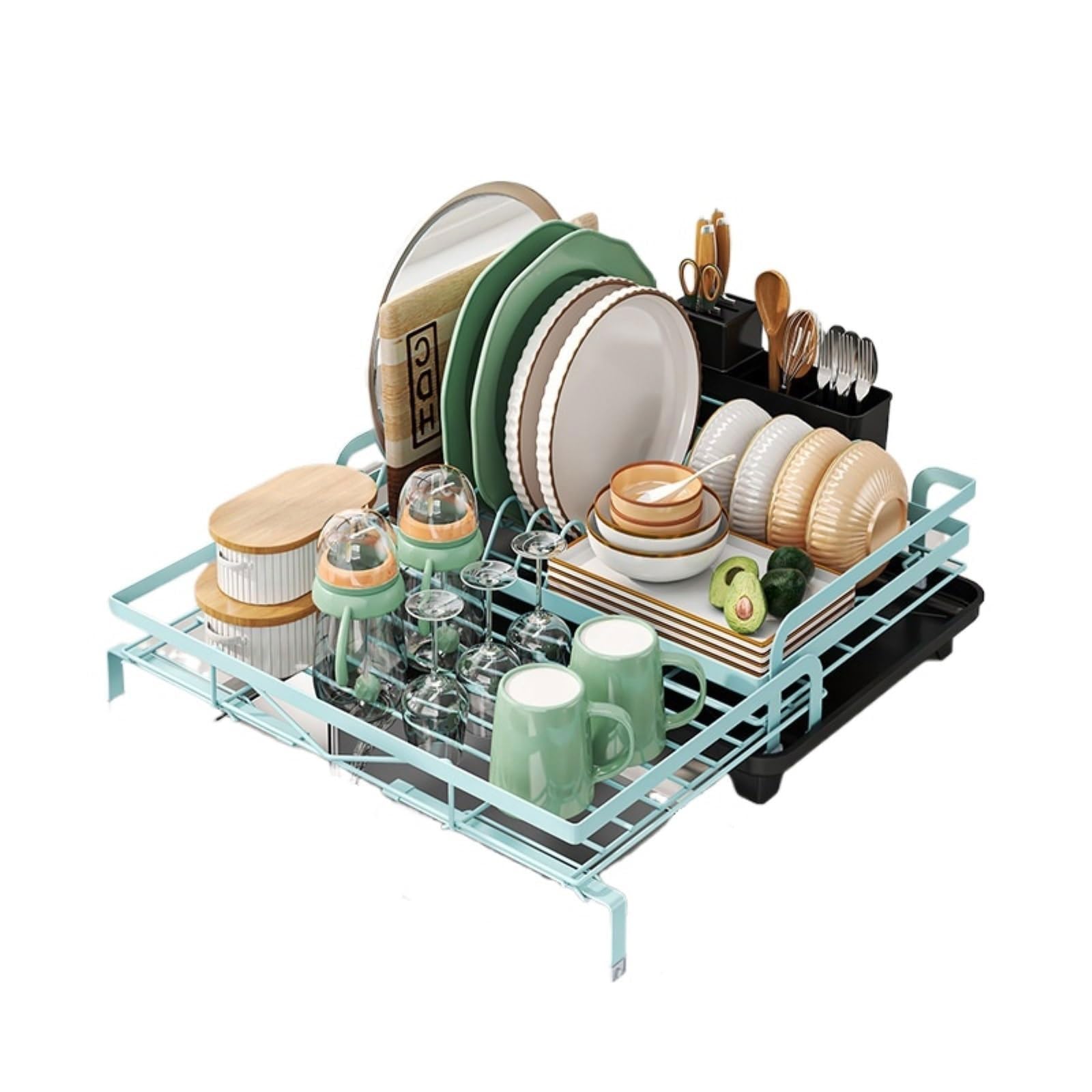 Escurridor de Platos Extensible Acero al Carbono Escurridor de Platos con Bandeja Recogegotas y Portacubiertos Secador Boquilla Extensible y Giratoria 360° Ahorra Espacio Secaplatos