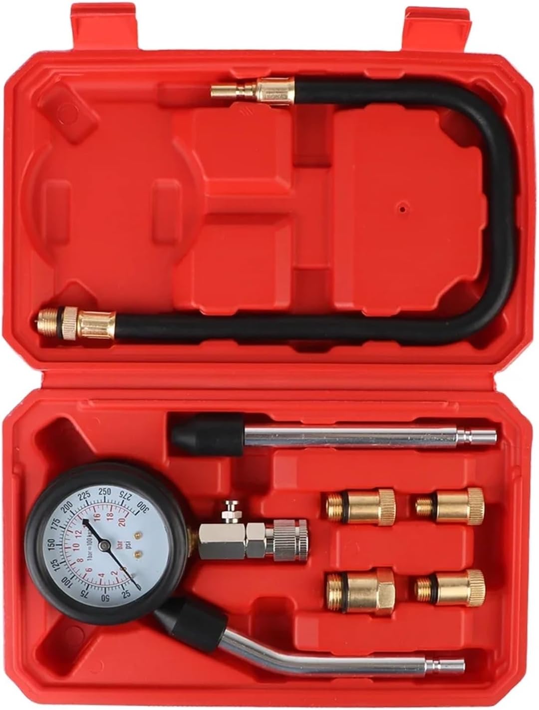 Precision Engine Compression Gauge Kit 0-300PSI M10/M12/M14/M18 Adapters for Gasoline/Diesel Engine & Cylinder Diagnostics(16-17 Outer Left)