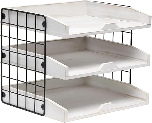 Elegant Designs HG1022-WWH - Organizador de escritorio de madera para oficina en casa, bandeja para cartas con 3 estantes, color blanco lavado