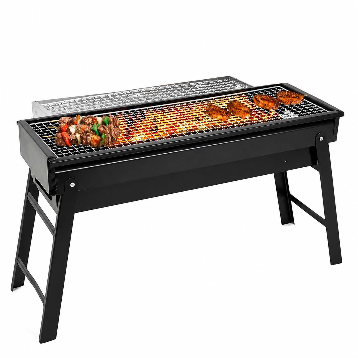 HOMIVION® Portable Folding Charcoal BBQ Grill, Comapct Outdoor Barbecue, Iron Grill with Foldable Legs, Lightweight Camping BBQ for Garden, Picnic & Travel (60 x 22.5 x 32 cm)